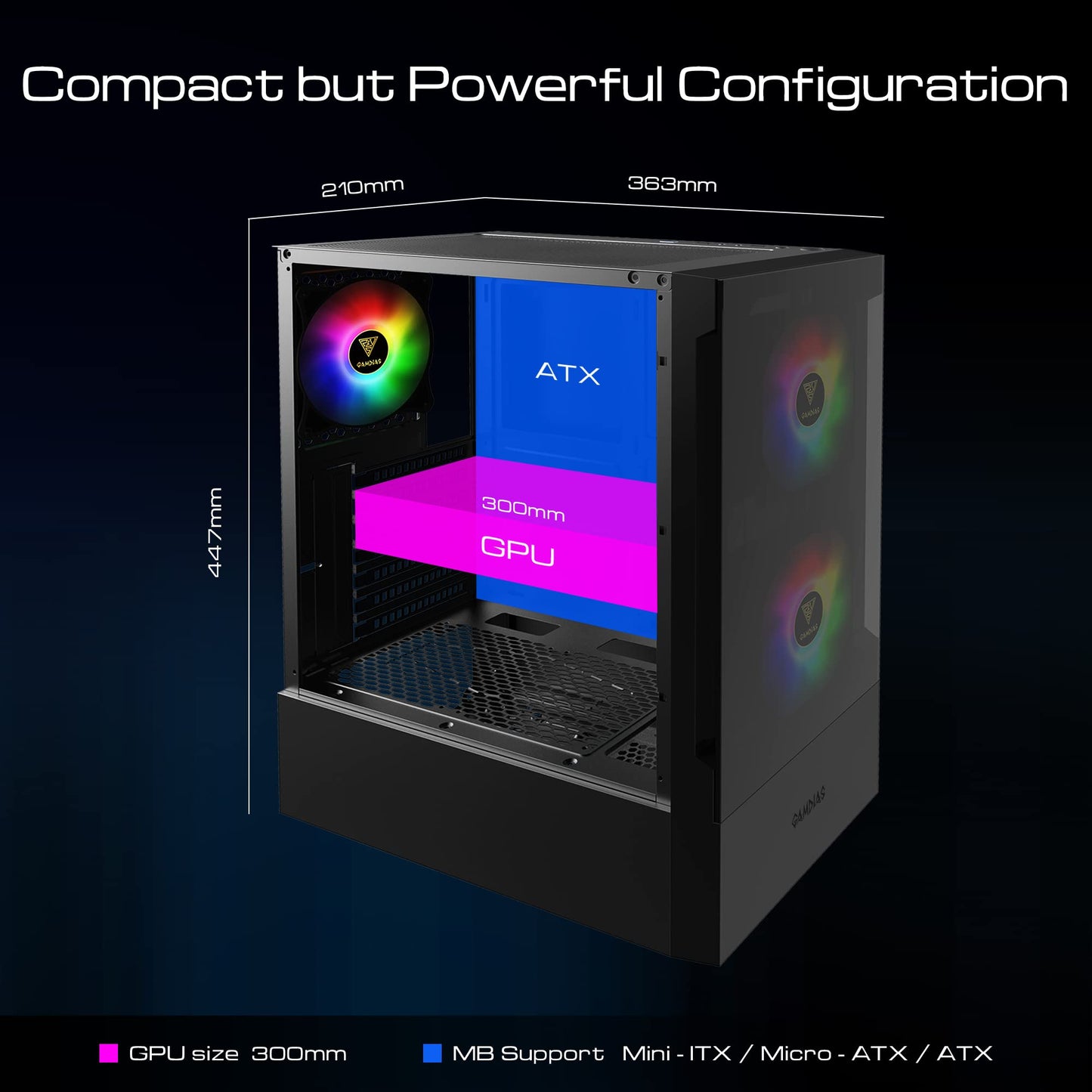 GAMDIAS TALOS E3 Gaming pc case, Mid-Tower ATX Case, Tempered Glass Panel, 3 Built-in 120mm ARGB Fans, Tool-Free Installation Tempered Glass Window, Supports Motherboards up to ATX, Power Cover Design