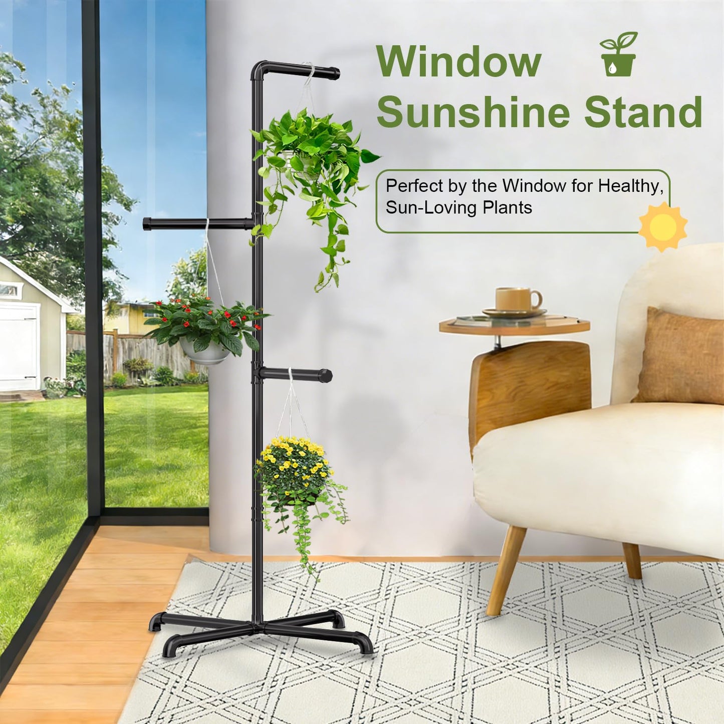 Chloraeon Hanging Plant Stand, Plant Hanger Indoor, Corner Hanging Plant Stand, Black Metal Holder for Bedroom, Living Room, Garden, Balcony