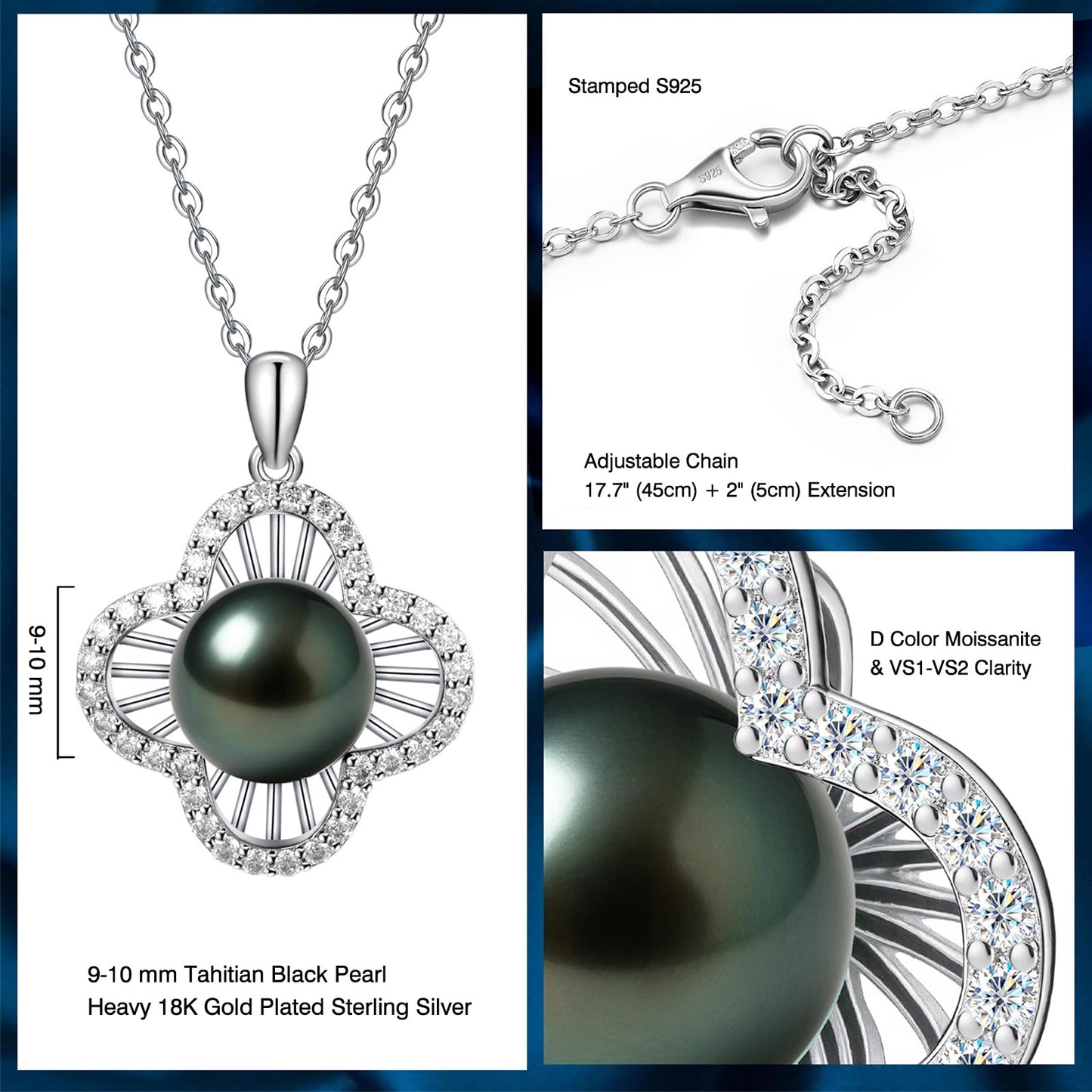 Genuine Tahitian Black Pearl Necklace - Christmas Gift for Women Wife Mom Daughter, Jewelry Gifts for Wedding Anniversary Birthday, 9-10mm Seawater Pearl with Sterling Silver Moissanite Flower Pendant