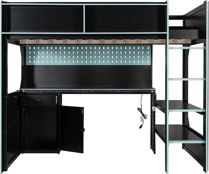 Modern Gaming Loft Bed with Built-in Desk, LED Lighting & Charging Hub – Full
