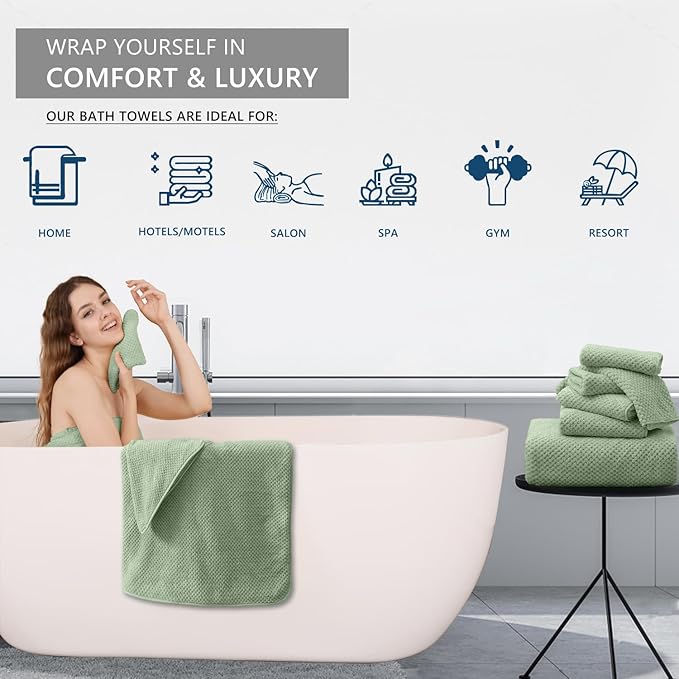 8 Piece Bathroom Towel Set Green |2 Oversized Large Bath Towels Sheet, 2 Hand