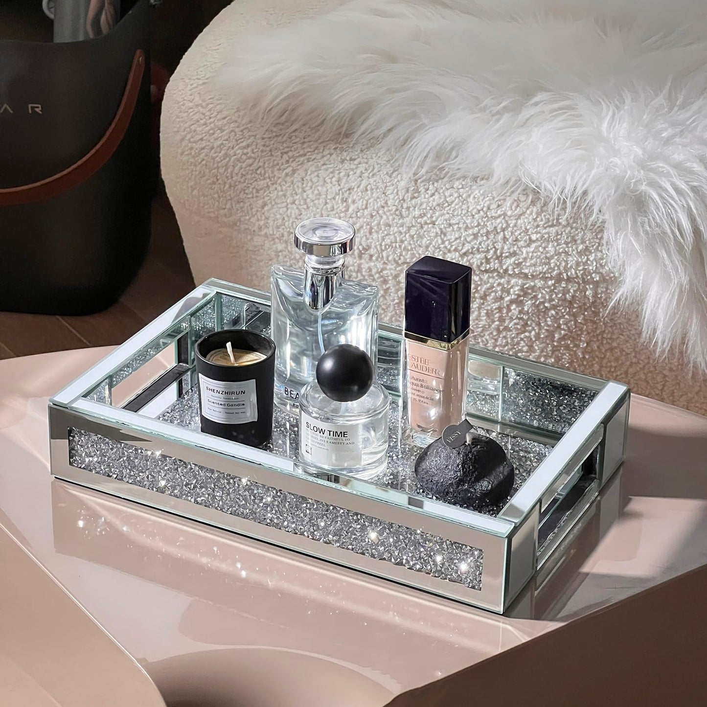 joyshiny Rectangle Glass Tray with Handles for Dresser, Mirror Makeup Organizer Perfume Display, Crushed Diamond Home Decor Accent for Vanity, Living Room Tables, Silver(12”x7.7”x2”)