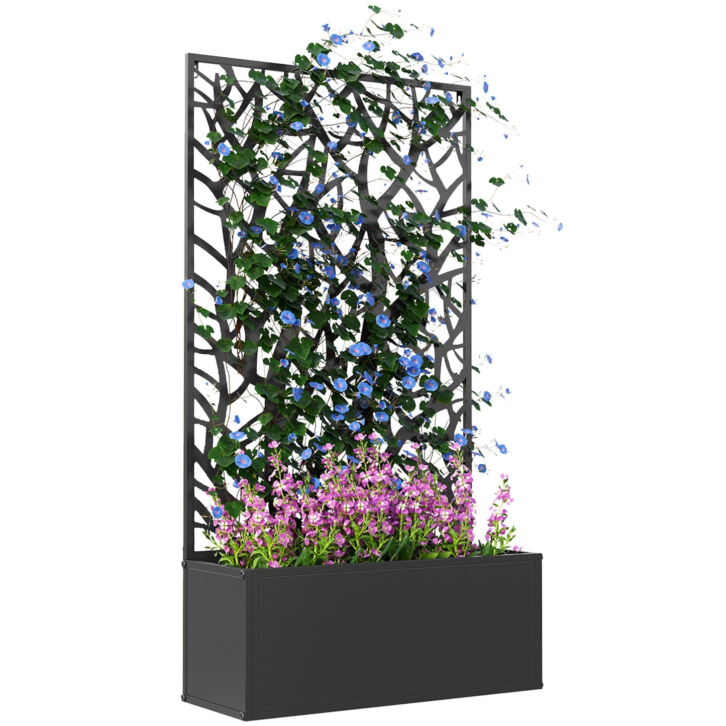 Outsunny Metal Raised Garden Bed with Trellis for Climbing Plants, Freestanding or Wall Mounted Flower Bed with Privacy Panel, Two Big Tree Cut-Outs Outdoor Planter Box for Garden, Patio, Balcony