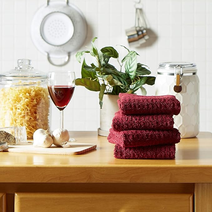 DII Basic Terry Collection Waffle Dishtowel Set, Solid Wine, 4 Piece
