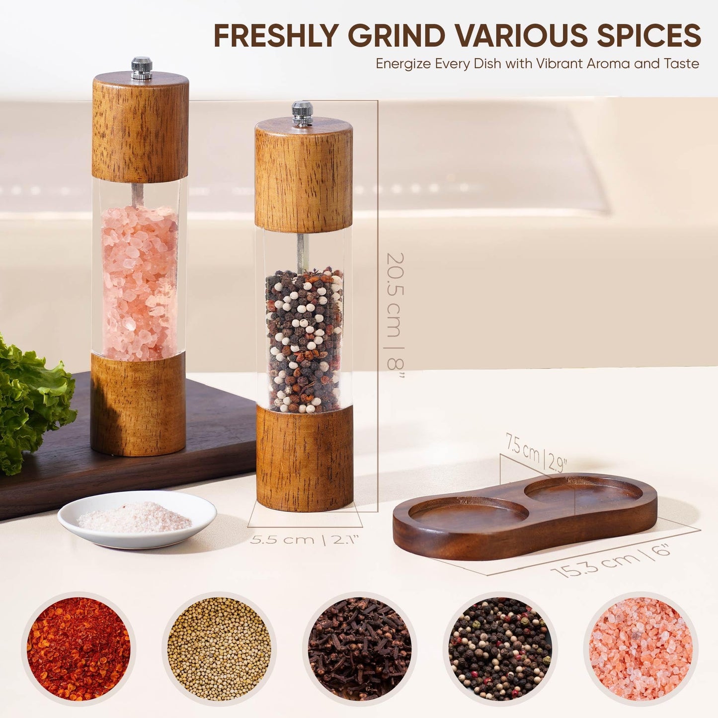 Wooden Salt and Pepper Grinder Set | 8-Inch Manual Acrylic Mills with Adjustable Ceramic Grinding Mechanism | Includes 2 Grinders + Wood Base | Premium Salt and Pepper Grinders by BING-US