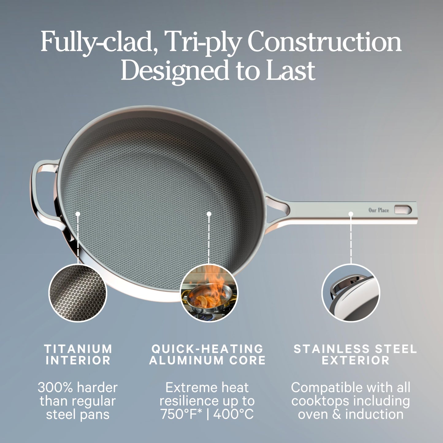 Our Place Titanium Always Pan Pro | 10.6" PFAS-Free Nonstick Frying Pan with Spatula | Chef-Grade Tri-Ply Stainless Steel & Aluminum Build | Induction & Oven-Safe up to 750°F | Gold