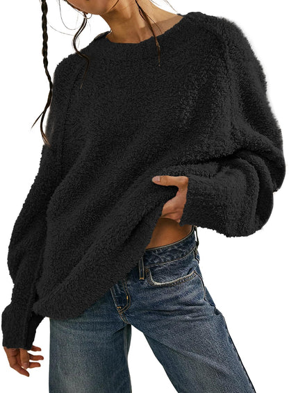 Beaully Women's Oversized Long Sleeve Crewneck Fuzzy Knit Warm Sweaters 2025 Fall Pullover Sweater Tops