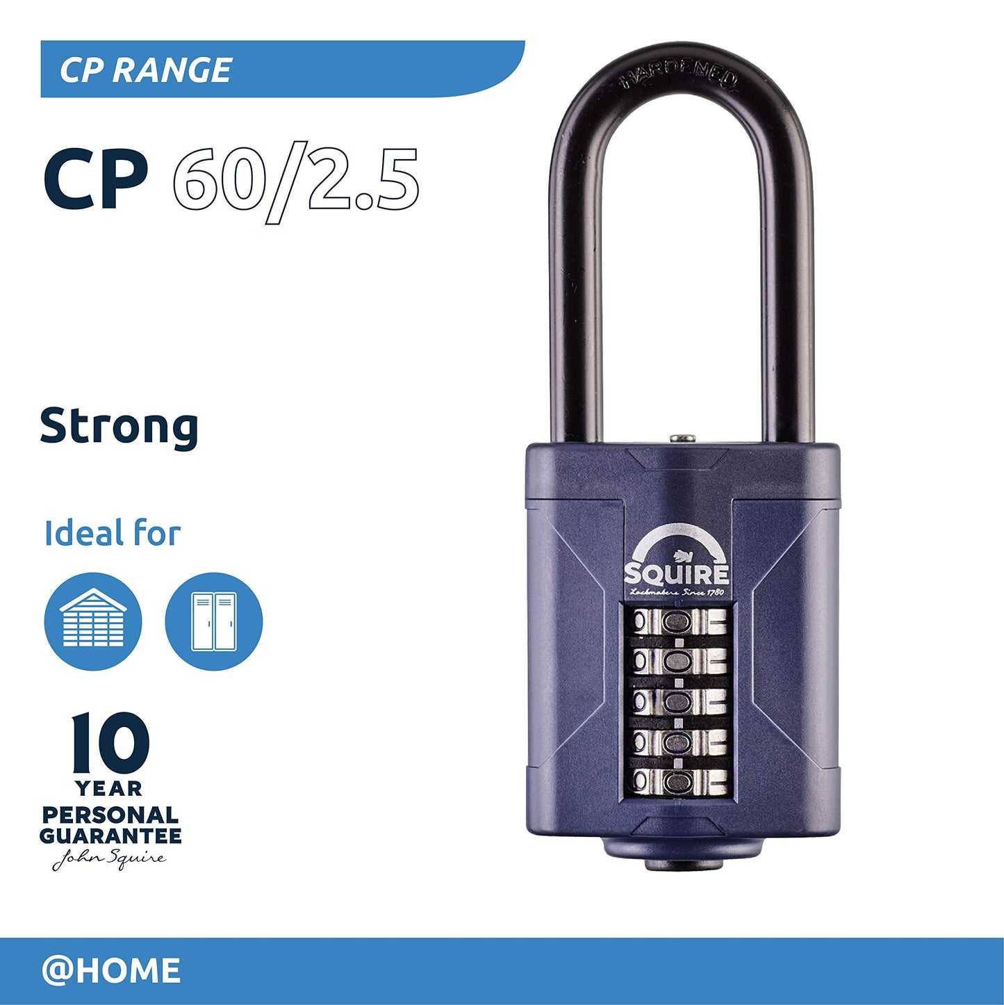 Squire Heavy Duty Padlock CP60/2.5 - Toughest Long Shackle 5 Wheel Combination Padlock, Alloy Steel, Corrosion Resistance, Weatherproof - Blue, 2.36 in