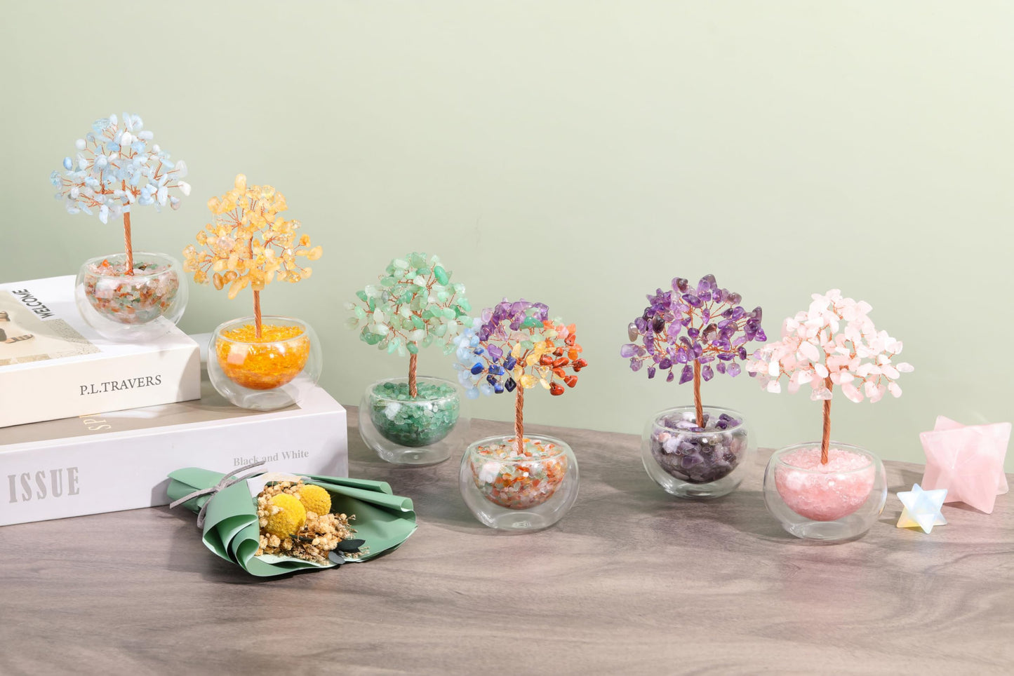 Jovivi 7 Chakra Crystal Trees Hollow Glass Base,4.72"-5.12" Natural Gemstone Healing Crystals Tree of Life Bonsai Money Tree for Home Office Table Decor Wealth and Luck