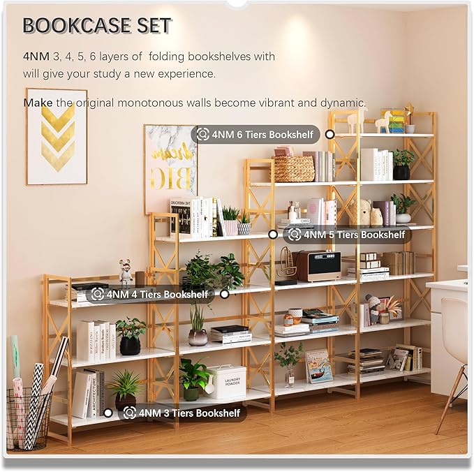 4NM 5 Tiers No Assembly Book Shelves, 51.2" H Folding Bookshelf Bookcase Open