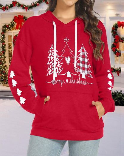 Women's Hoodies Long Sleeve Sweatshirts Drawstring Pullover Tops with Pocket Casual Loose Blouses Tunic (Red Christmas Tree,L)