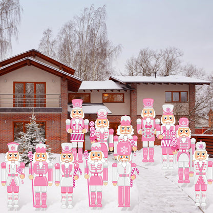Amyhill 12 Pcs Pink Christmas Nutcracker Yard Sign Outdoor Christmas Yard Decor with Stakes Holiday Xmas Nutcracker Sign Cute Xmas Outside Lawn Decor for Outdoor Porch Garden Pathway Party