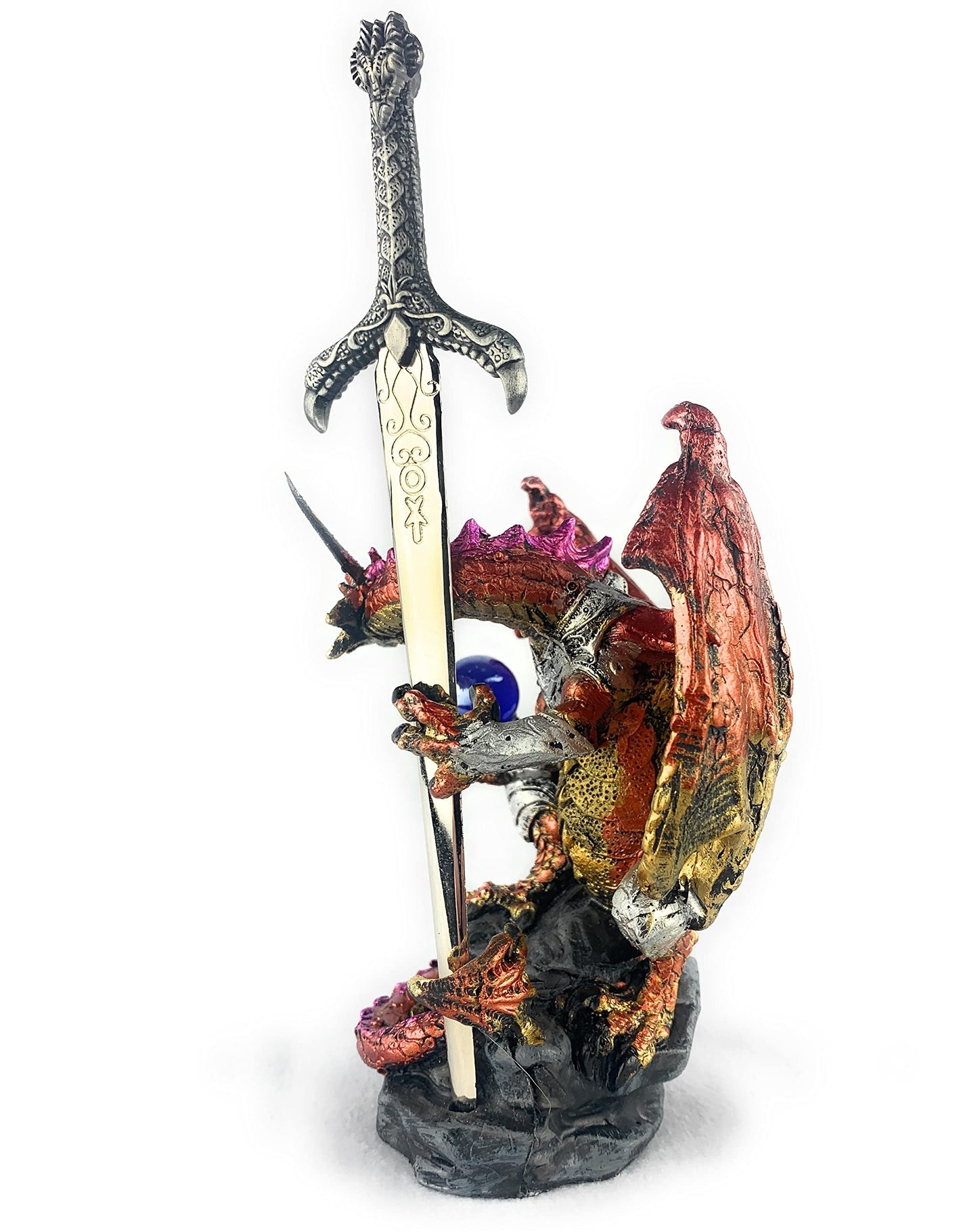 Ain't It Nice Dragon Statue with Medieval Sword and Crystal Ball - Collectible Dragon Figurine, Red - 4(L) 3.5(W) 7(H) inches