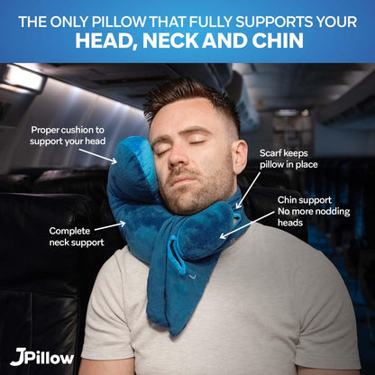 JPillow Travel Pillow for Airplanes – A Little Bulky, Expensive, and Takes a Couple of Minutes to Master, but Supports Your Head and Neck in Genuine Luxury – British Invention of The Year (Blue/Gray)