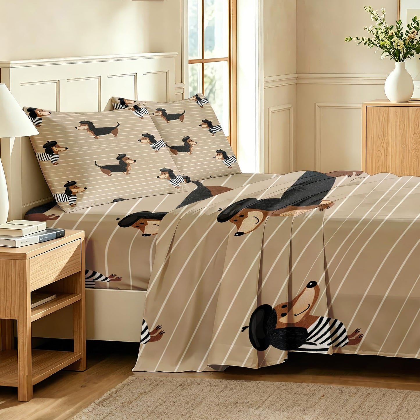 Dachshund King Sheet Set Boys Puppy Flat Fitted Sheet Sets, Cream