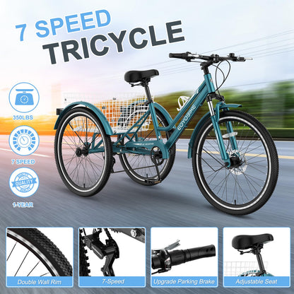 Slsy Adult Mountain Tricycle, 7 Speed Three Wheel Bike, 24/26 Inch Adults Trikes for Seniors with Shopping Basket, Exercise Men's Women's Tricycles