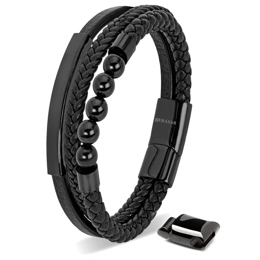 SERASAR Mens Original Leather Bracelet 20cm Black Men Gift Box Genuine Braided Adjust Able Magnetic Clasp Multi Layer Wrap Rope Man Mans Bracelets Jewelry Magnet Accessories
