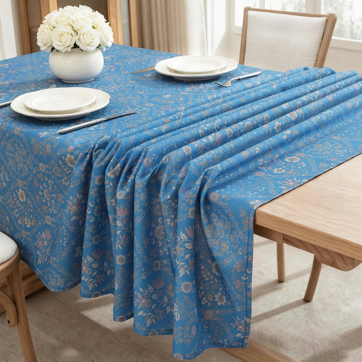 Honellaty Blue French Vintage Floral Rectangle Tablecloth, 60 x 102 Inch