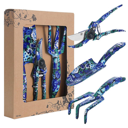 FLORA GUARD 3 Piece Aluminum Garden Tool Set with Blue Print - Trowel, Cultivator, Pruning Shear, Set for Gardening Needs (Blue)