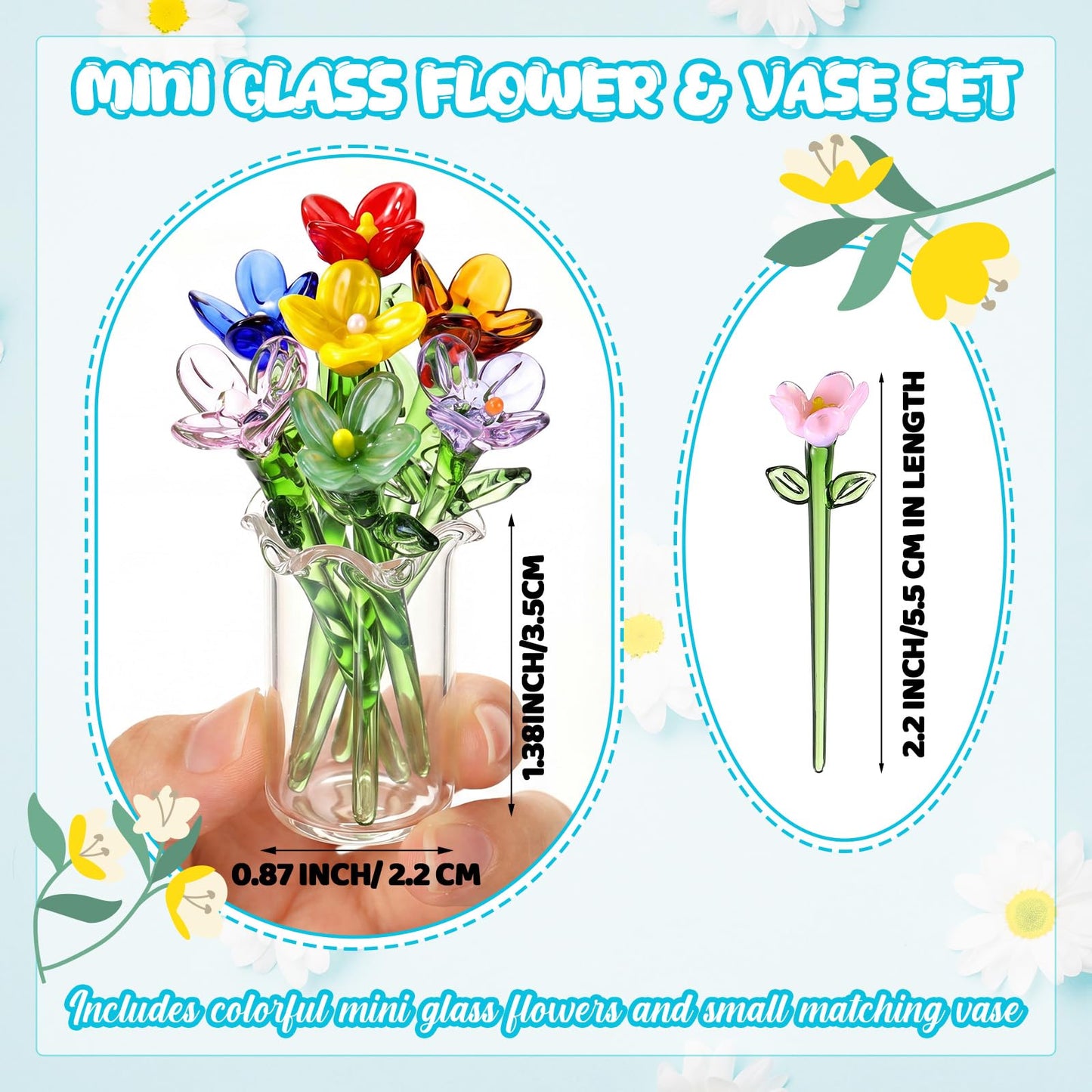 Fiwochic 14 Pcs Miniature Glass Flower Leave and 2 Pcs Vase Set Small Mini Glass Birth Month Flower with Stems Crystal Wildflower Bouquet for Women Mom Mother's Day Office Home Table Centerpiece