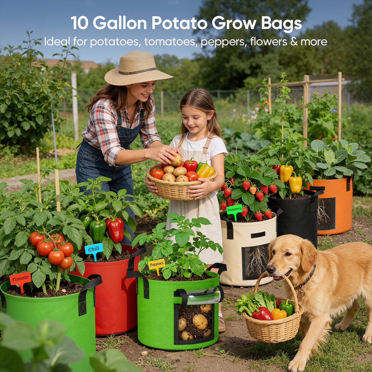 10 Gallon Potato Grow Bags: 5 Pack 350G Heavy Duty Thickened Grow Bags with Clear Harvest Window & Durable Handles - Felt Nonwoven Fabric Pots Planting Container for Plants Vegetable Flowers Herbs