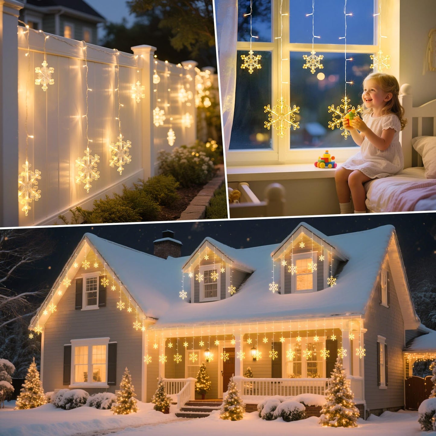 Minetom Christmas Snowflake Lights - 13ft 192LED Snowflake Icicle Lights with 16 Drops, 12 Modes and Timer, IP65 Waterproof Connectable Christmas Light for House Eave Indoor Outdoor (Warm White)