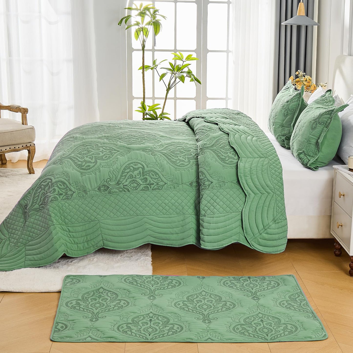 DaisyHuang Oversized Bedspread Coverlet Set Full Size - Lightweight Bedding Cover - Beautiful Stitching - 4 Piece Reversible Bedspread, Olive Green