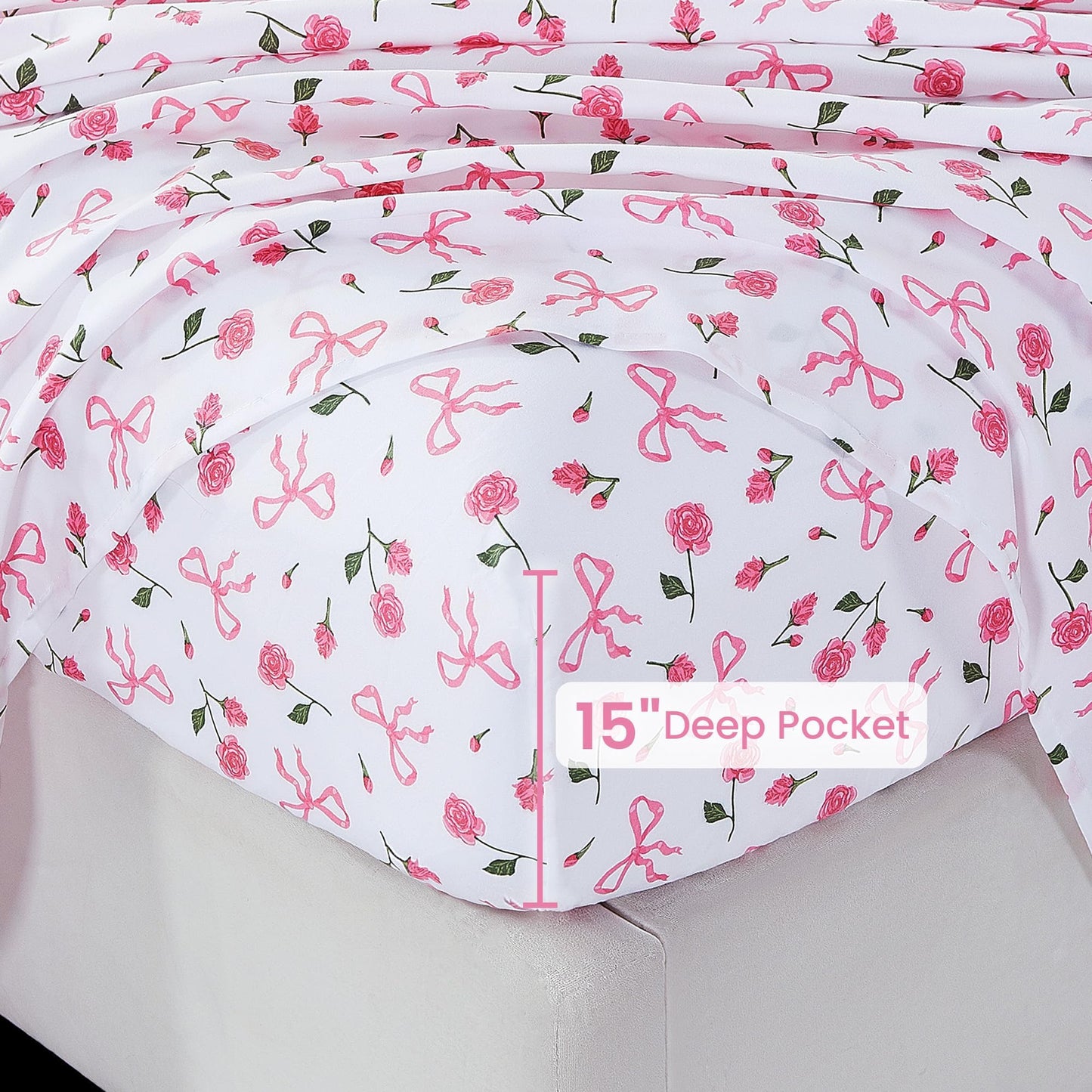 Softan Pink Floral King Bed Sheets, Cozy Microfiber Flower Printed Sheets with 15" Deep Pocket Fitted Sheet & Non-Slip Straps, Patterned Pink Rose - Bow Sheets & Pillowcase Set