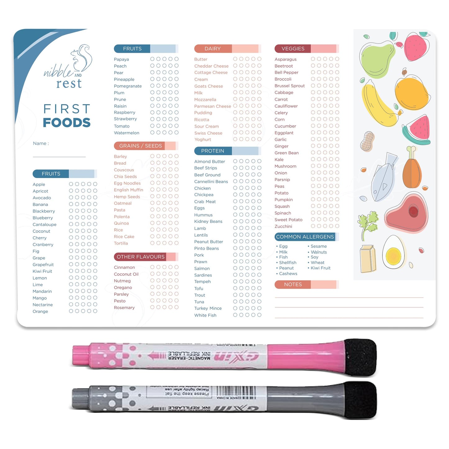Nibble and Rest Baby's First Foods Tracker Fridge Magnet, Dry Erase Poster, Daily Food Log, 25x35cm