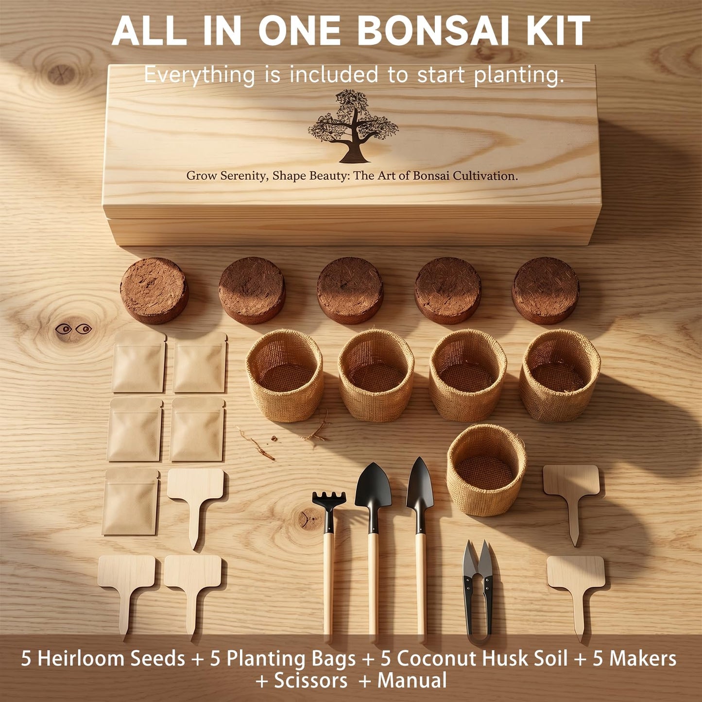 5X Bonsai Starter Kit, Bonzai Seed Kits, Durable Planting Bags, Complete Indoor Starter Kit for Growing Bonsai Plants, Gardening Gifts for Women & Men