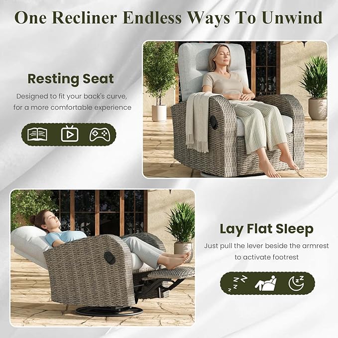 LayinSun Oversized Wicker Outdoor Swivel Glider Recliner with Adjustable Backrest & Footrest, Patio Reclining Lounge Chair - Set of 2