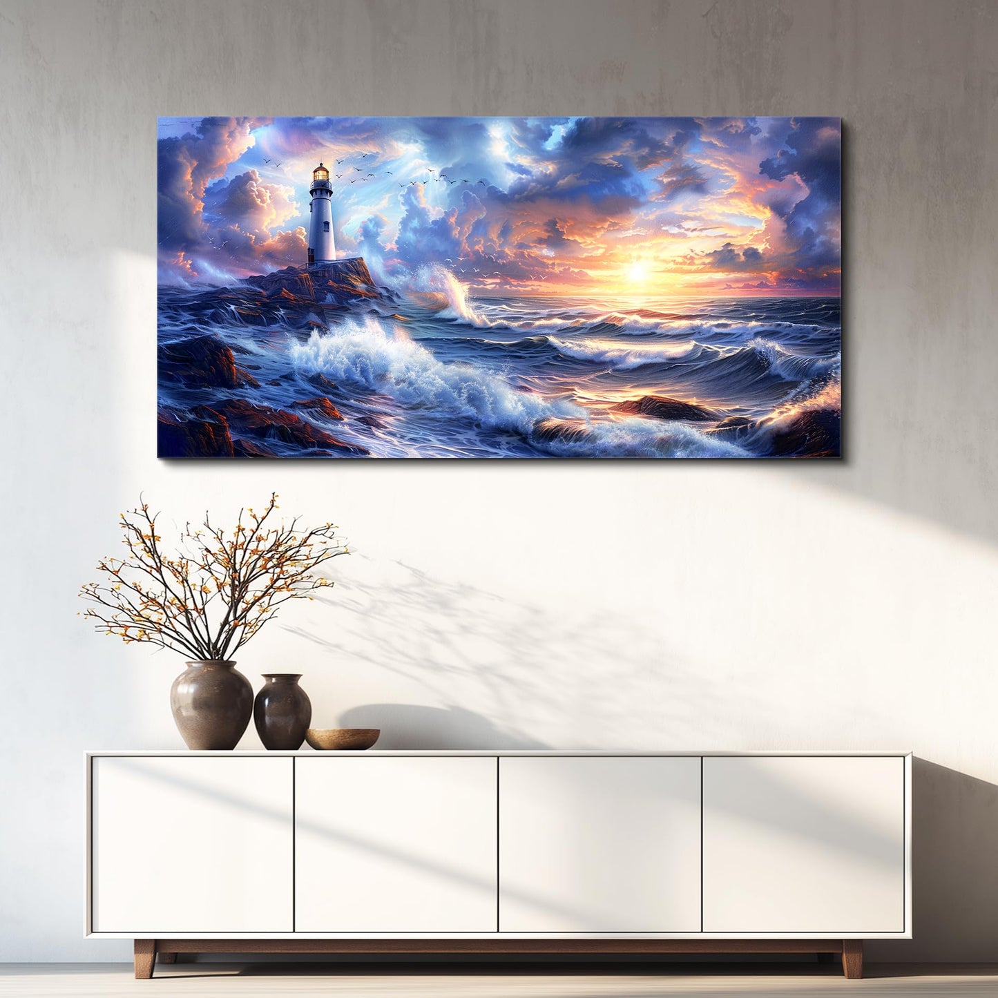 JUDASJART Wall Decor For Bedroom Large Wall Art For Living Room Modern Office Decorations Ocean Sea Wave Paintings Lighthouse Seascape Pictures Canvas Artwork Home Decor Ready To Hang