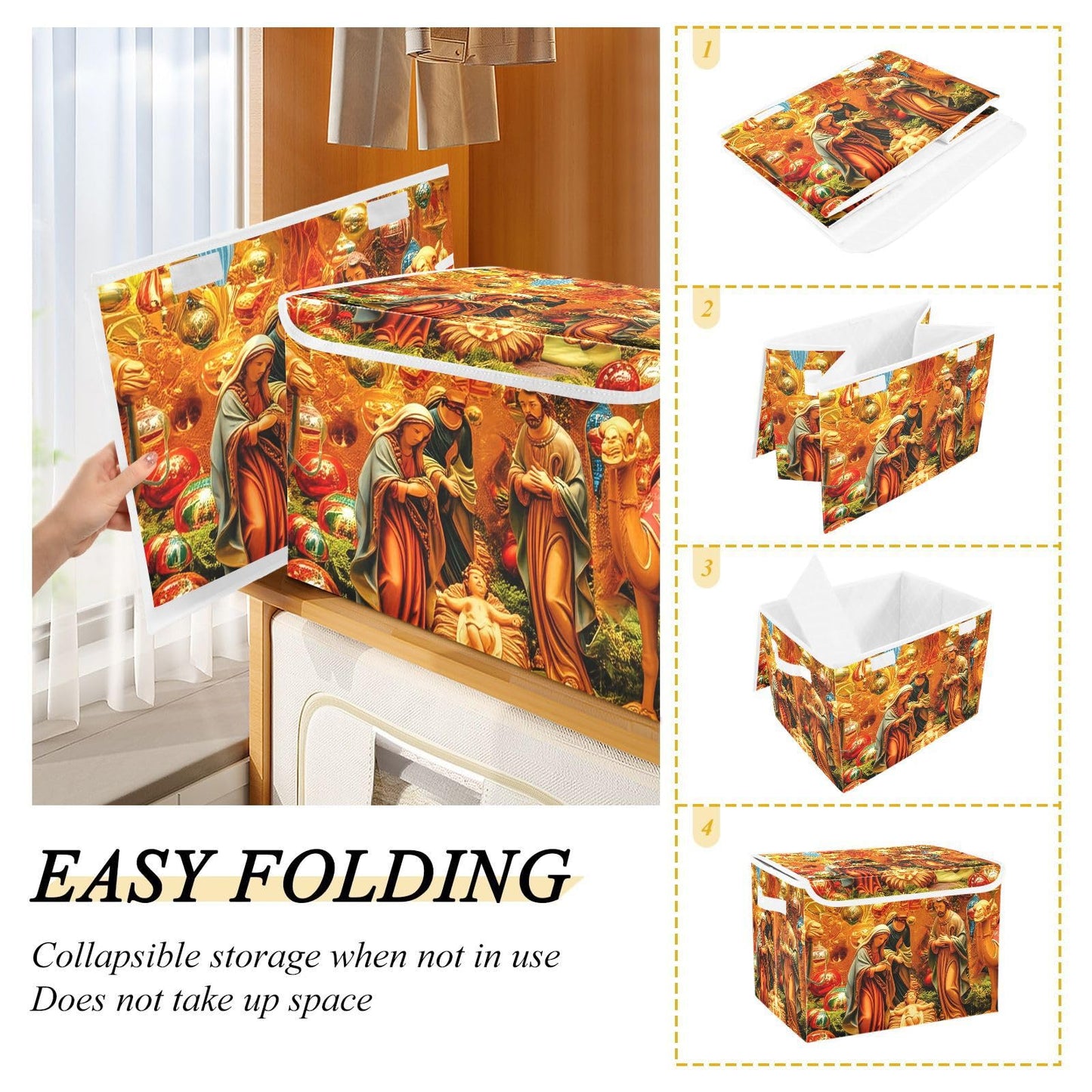 Bokkoy Nativity Scene Art Lidded Storage Bins with Handles - 16.5"x12.6"x11.8" Foldable Organizing Box, Oxford Fabric & Honeycomb Board, Dust-Proof Flip Lid for Closet/Office