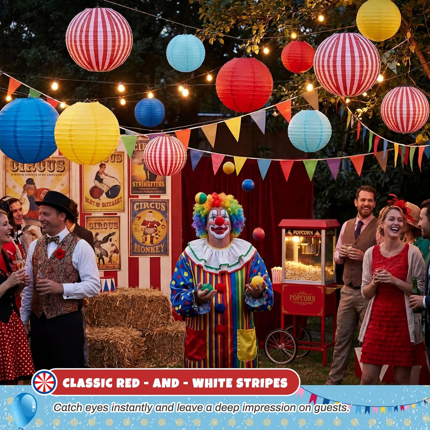 Hortsun 12 Pcs Carnival Circus Decorations Carnival Paper Lanterns Set Red Yellow and Blue Hanging Paper Lanterns for Circus Wedding Birthday Party Baby Shower Home Decoration