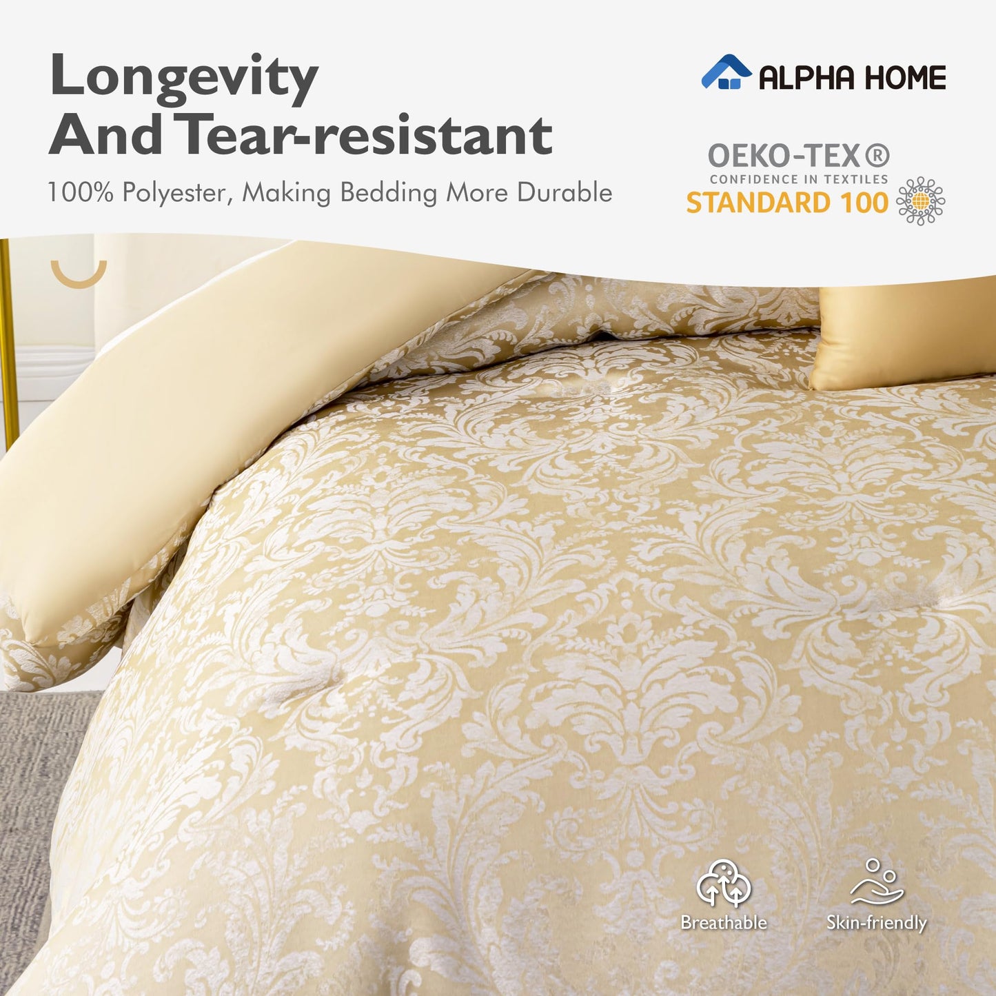 ALPHA HOME Queen Size Jacquard Bedding Comforter Set - All Season Luxurious Elegance With Cushion (1 Comforter, 2 Pillow Shams, 2 Euro Shams)