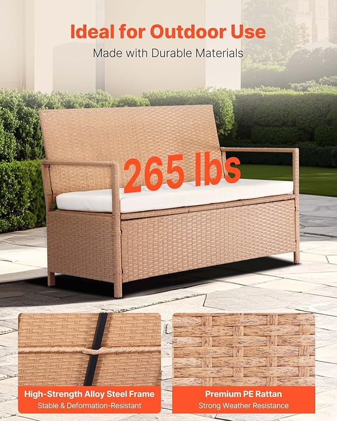 VEVOR Outdoor Storage Bench, 2-Person PE Rattan Storage Bench, 70 Gal Deck Box with Cushion, Supports up to 265 lbs, Weatherproof Outdoor Seating & Porch Decor for Patio Garden Balcony Yard