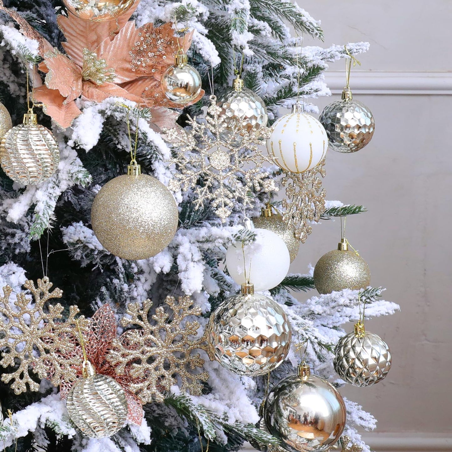 Christmas Balls Ornaments -36pcs Shatterproof Christmas Tree Decorations with Hanging Loop for Xmas Tree Wedding Holiday Party Home Decor,6 Styles in 3 Sizes(Champagne Gold)