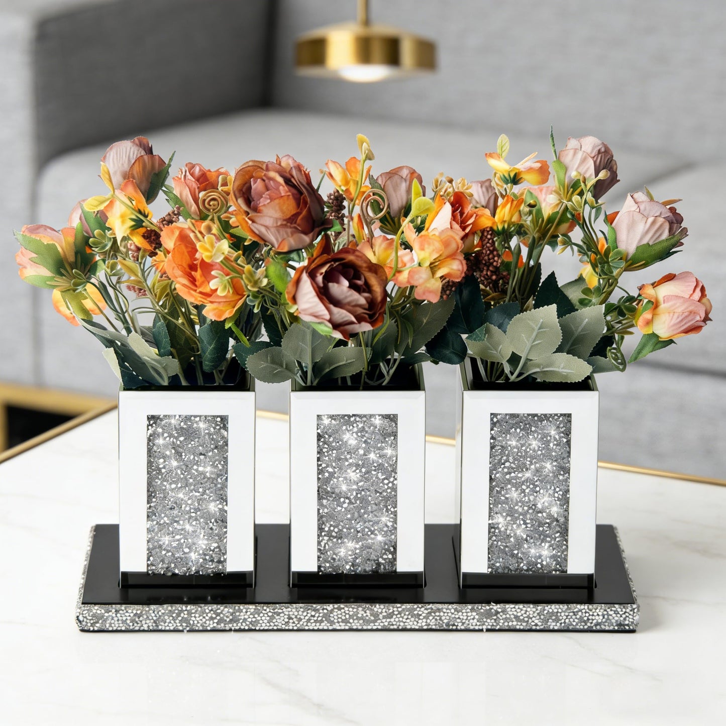 Pibeyer Crystal Crush Diamond Jar Table Centerpiece Decorations for Dining Room, Coffee Table Decor Wooden Tray with 3 Mirrored Jars Artificial Plants for Kitchen, Living Room, Home Décor
