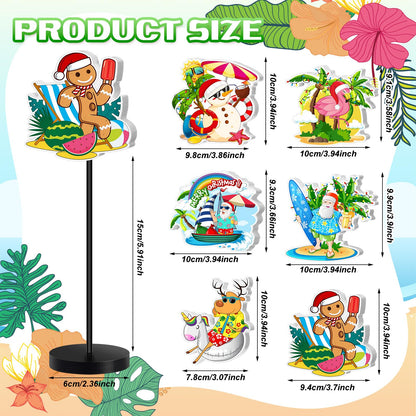 DoubleFill 6 Pcs Christmas Table Decor Standing Signs Hawaii Decoration for Table Centerpieces Wooden Sign Santa Flamingo Palm Tree Beach Party Tabletop Decor for Home Office Room Desk