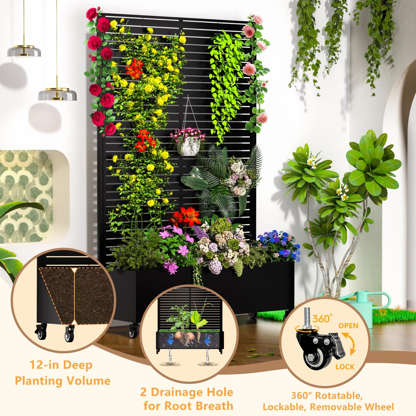 MTART Metal Planter Box with Trellis Outdoor, 72"x47"x16" Galvanized Raised Garden Bed with Privacy Screen & Drainage Holes & Lockable Casters for Climbing Plants, Vegetable, Vines (Louvered-Black1)
