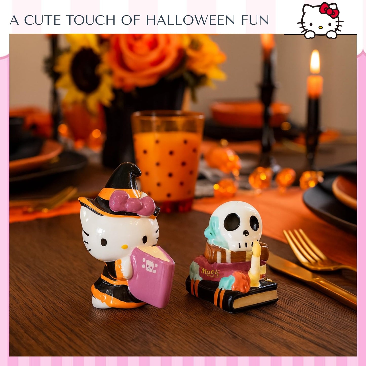 Blue Sky Clayworks Hello Kitty Spooky Library Salt & Pepper Shaker Set, Ceramic, 6" L x 3" W x 4" H, Witchy Bookish Duo