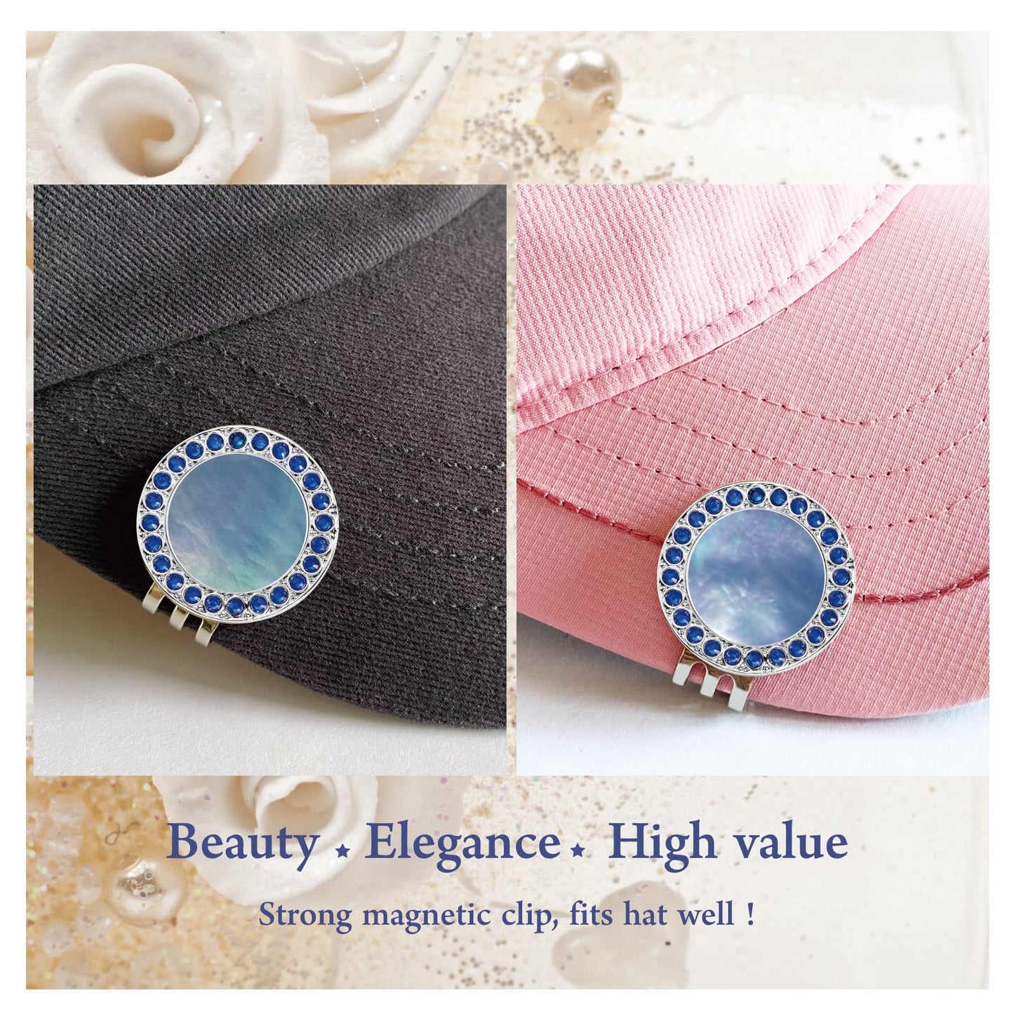 Golf Ball Marker Hat Clip with Pearl Crystal Ball Marker, Golf Accessories, Golf Gifts, Golf Ball Markers for Women