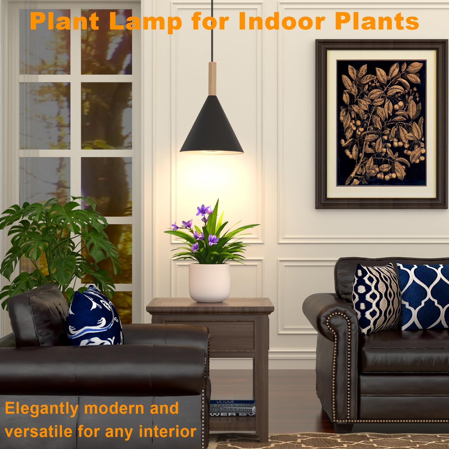 Hanging Grow Lights for Indoor Plants, 20W Full Spectrum Plant Lamp with Timer, Adjustable Height, Wall-Mounted 3000K Growlight with 14.5 ft Power Cord, for Greenhouse, Garden, Large Plants (Black)
