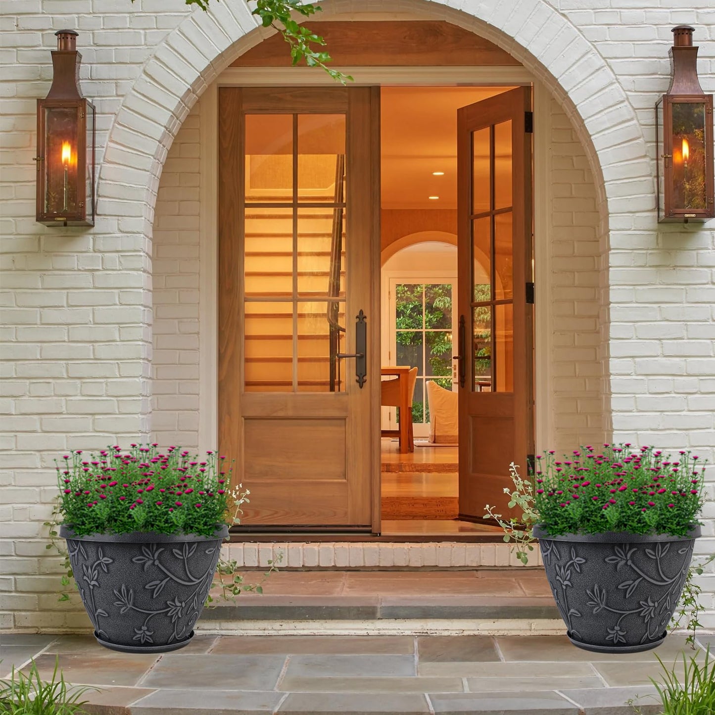 Nooulap 4 Pack 16 Inch Large Plant Pot for Outdoor, Plastic Flower Pot Indoor with Drainage Hole & Saucer, Modern Decorative Garden Pot, Imitation Magnolia Garden Pots for House Planters（Gray）