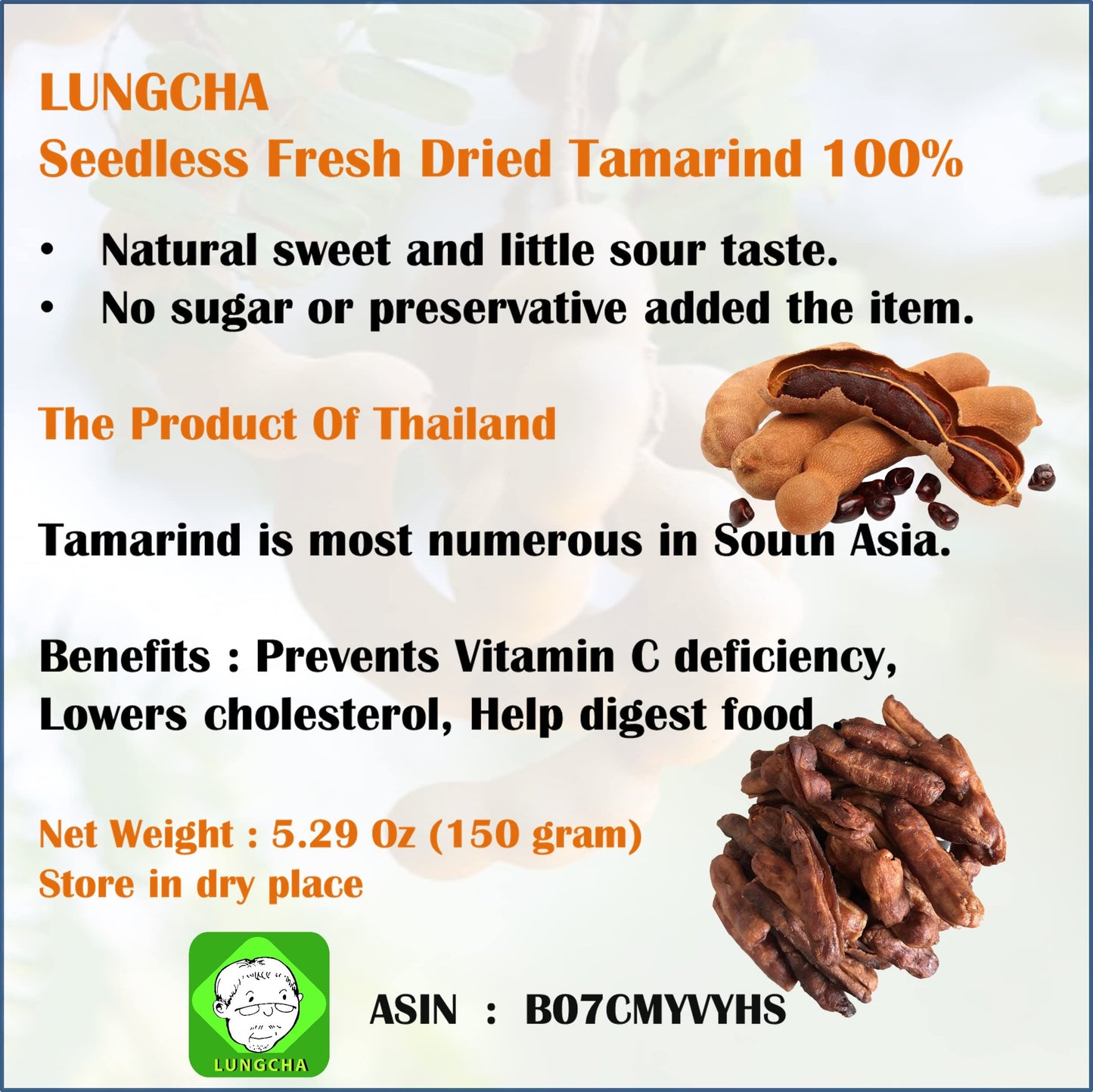 Seedless Fresh Dried Real Fruit Tamarind See-Chom-Phoo little Sour and Sweet small pieces 150 g. (5.29 Oz.)