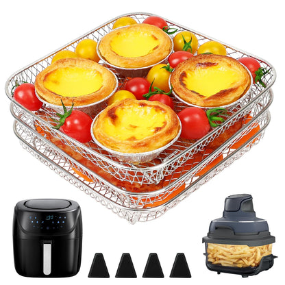 BYKITCHEN 8 inch Square Air Fryer Rack, 3pcs Stackable Stainless Steel Dehydrator Rack with Silicon Feet, Square Air Fryer Accessories for Cosori, Instant Vortex, Ninja Pro XL 6.5 QT AF181 & More