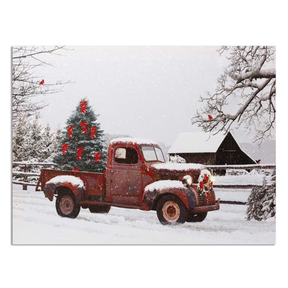 BANBERRY DESIGNS LED Wall Art - Lighted Red Truck Canvas Print - Picture with Christmas Tree and Vintage Lighted Red Pick-Up Truck Winter Scene - Barn and Farmstead Setting - Measures 15.75" x 11.75"