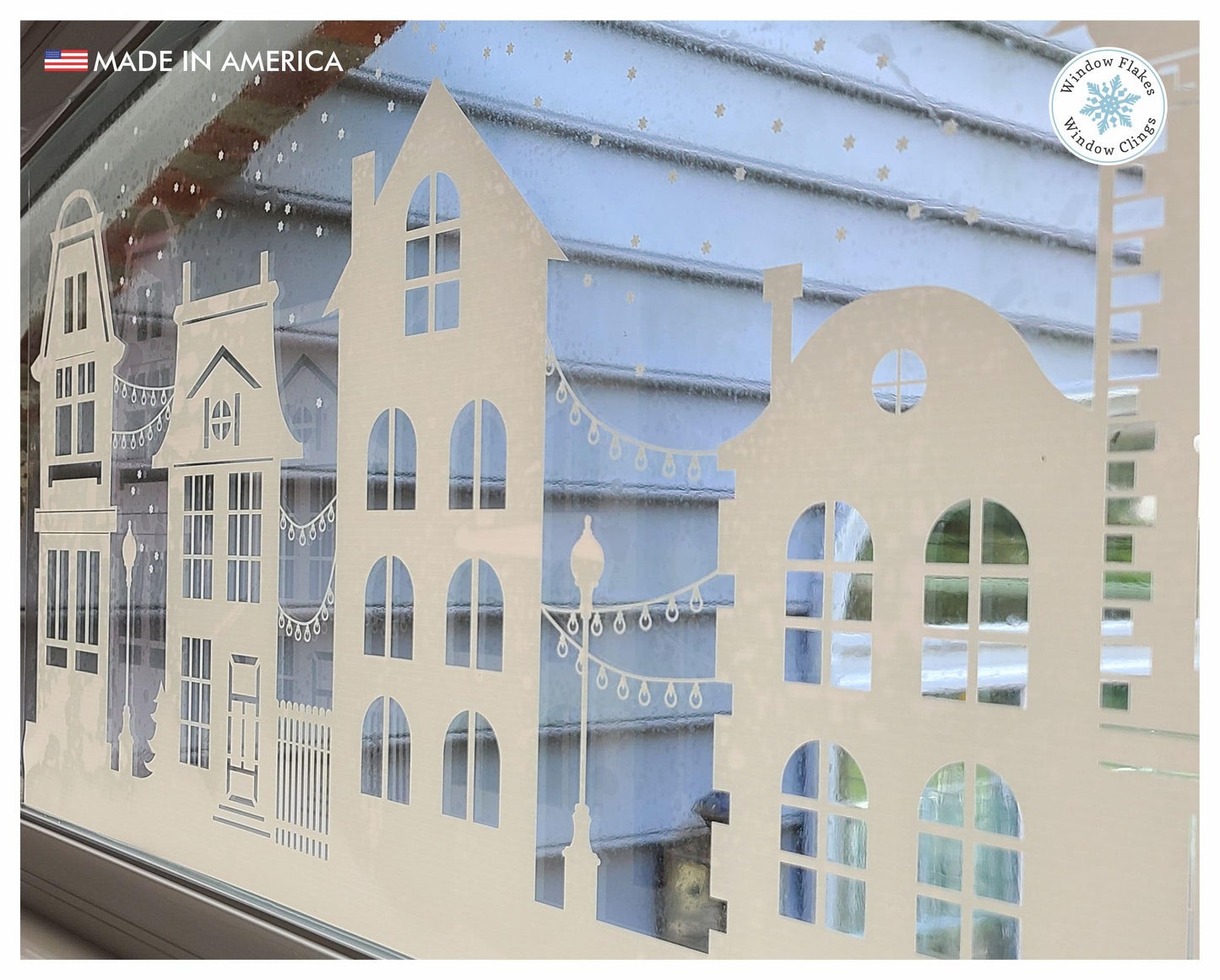 47" White Christmas Window Cling. Dickens Village Street Scene Window Border Christmas Decoration. Snowy Winter Reusable Non-Adhesive Holiday Window Stickers and Door Decor. Made in America.