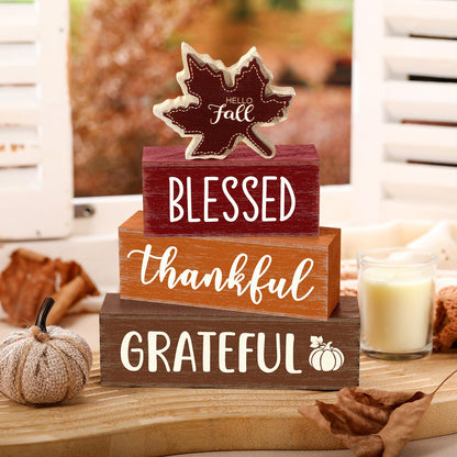 Yousoontic 4 Pcs Hello Fall Wooden Table Decorations Maple Leaf Autumn Rustic Block Signs Centerpiece Tiered Tray Decor Thanksgiving Wood Farmhouse Tabletop Decor Gift for Kitchen Entryway Home Desk