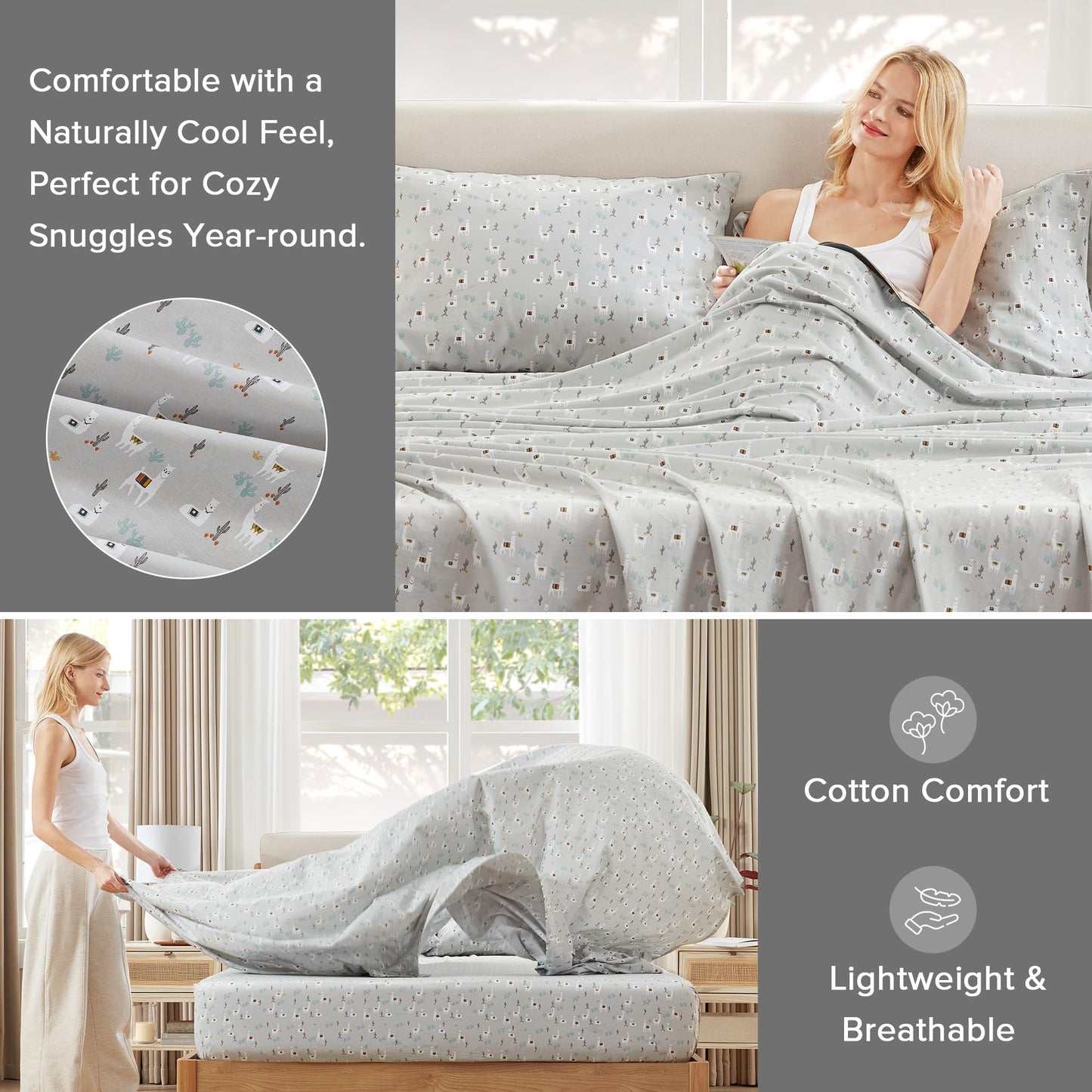 Comfort Spaces 100% Cotton Sheet Set Breathable, Lightweight, Soft with 14" Elastic Pocket Fits up to 16" Mattress, All Season Cozy Bedding, Matching Pillow Case, Full Lama Multi 4 Piece